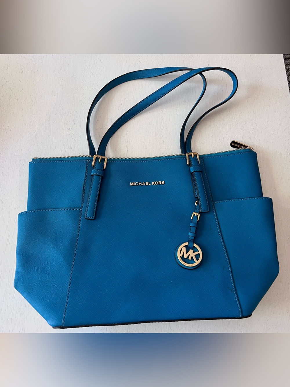 Michael Kors Teal Blue Saffiano Leather Tote with MK Charm